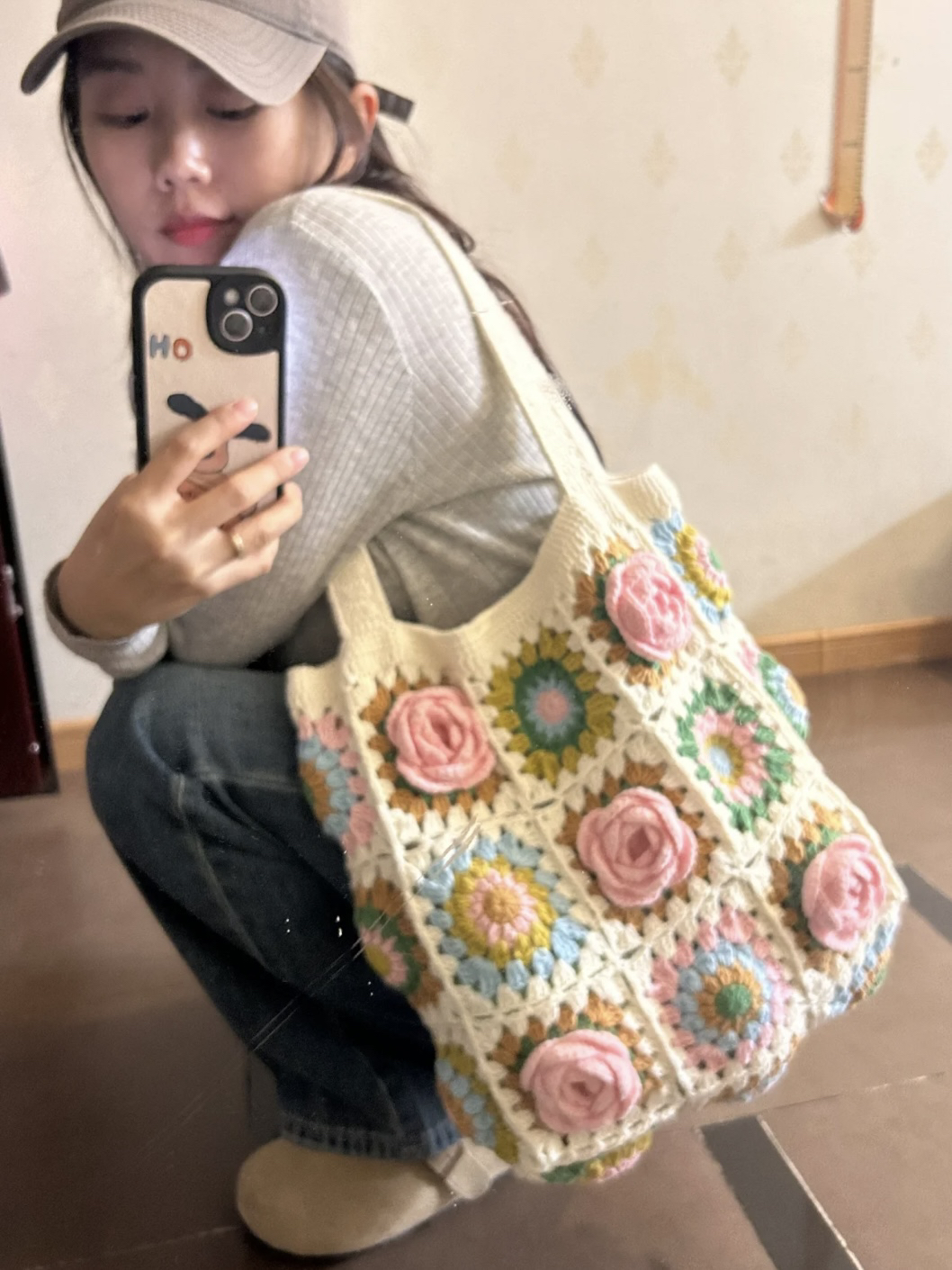 山茶花手工编织单肩包包diy材料包毛线钩针祖母格包礼物自制手作