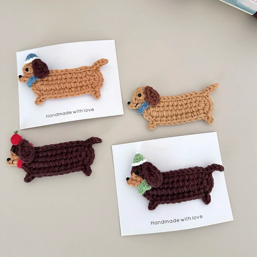 毛线手工diy编织钩针织腊肠狗蝴蝶结发夹发饰发卡材料包自制礼物