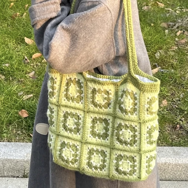 山茶花手工编织单肩包包diy材料包毛线钩针祖母格包礼物自制手作