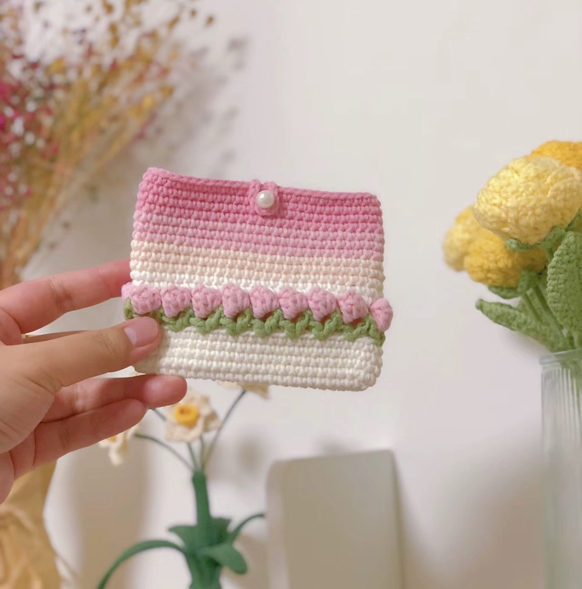 郁金香手工编织温柔卡包钩针diy材料包自制零钱包成品打发时间
