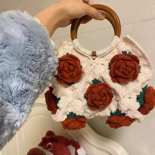 手工钩织复古玫瑰祖母格包包毛线DIY编织材料包针织单肩包手拎包