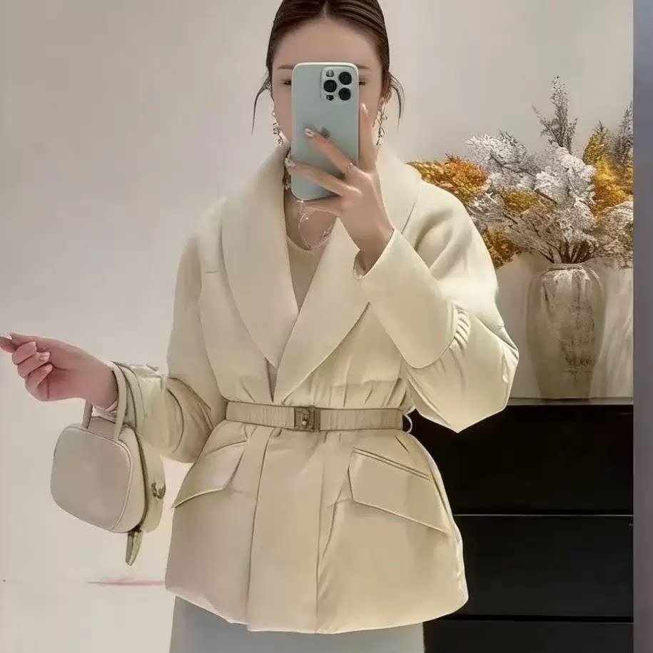 欧货V领收腰90白鸭绒羽绒服女