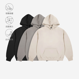 百机加绒纯色连帽卫衣男宽松落肩袖加厚帽衫冬季上衣女百搭简约风