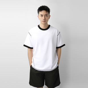 男日系美式 百机反缝线撞色短袖 饰夏季 装 女 宽松245G重磅t恤落肩袖