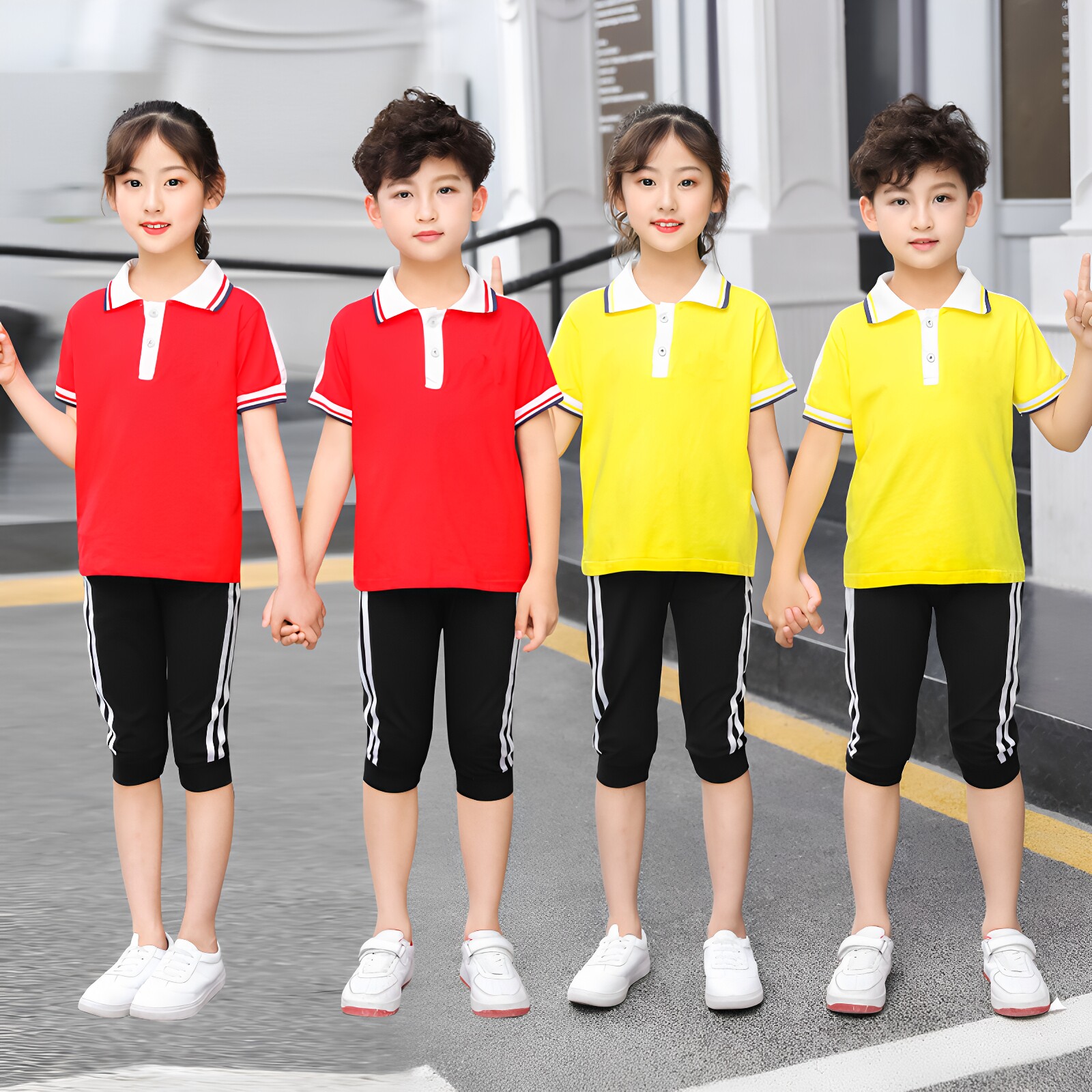夏季红色中小学生校服黄色幼儿园服七分裤套装表演六一运动会短袖