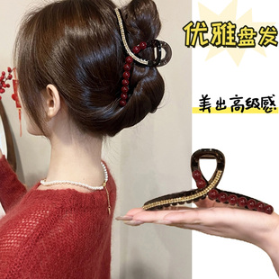 新款 安可拉红珠抓夹轻奢气质水钻鲨鱼夹新年喜庆优雅大号盘发夹子