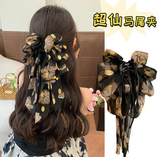 新款 金漆云朵马尾抓夹蝴蝶结飘带鲨鱼夹女气质半扎发夹碎花夹子女