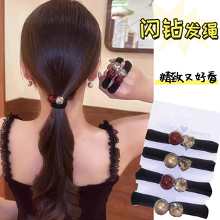 新款 精致珠珠水钻头绳红色高弹力耐用发绳高级感气质皮筋扎马尾女