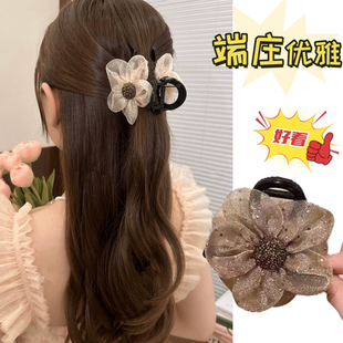 新款 精致太阳花朵中号抓夹优雅气质水钻鲨鱼发夹简约网纱章鱼夹女