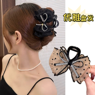 新款 水钻蝴蝶结网纱泡泡抓夹优雅百搭后脑勺鲨鱼夹子减龄波点发夹