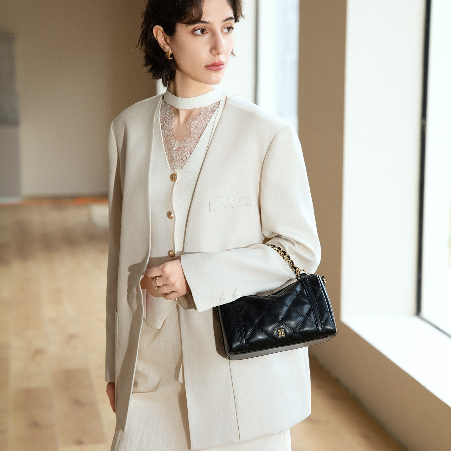 ELLE小香风菱格链条通勤手提包