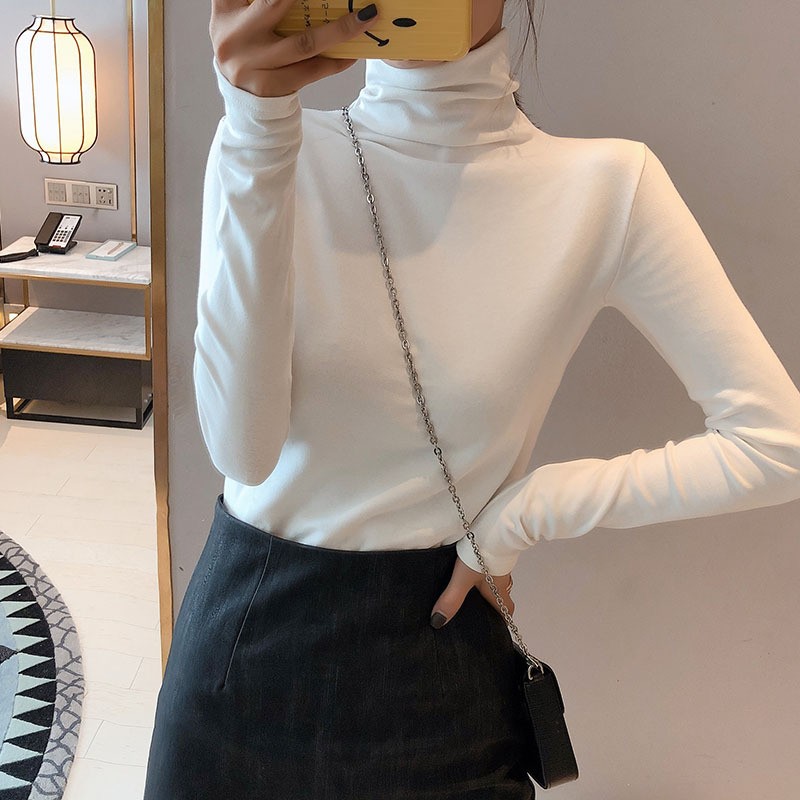 白色磨毛打底衫女秋冬季修身显瘦