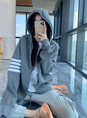 TB男女休闲运动卫衣外套春秋潮牌新款华夫格开衫拉链宽松连帽插肩