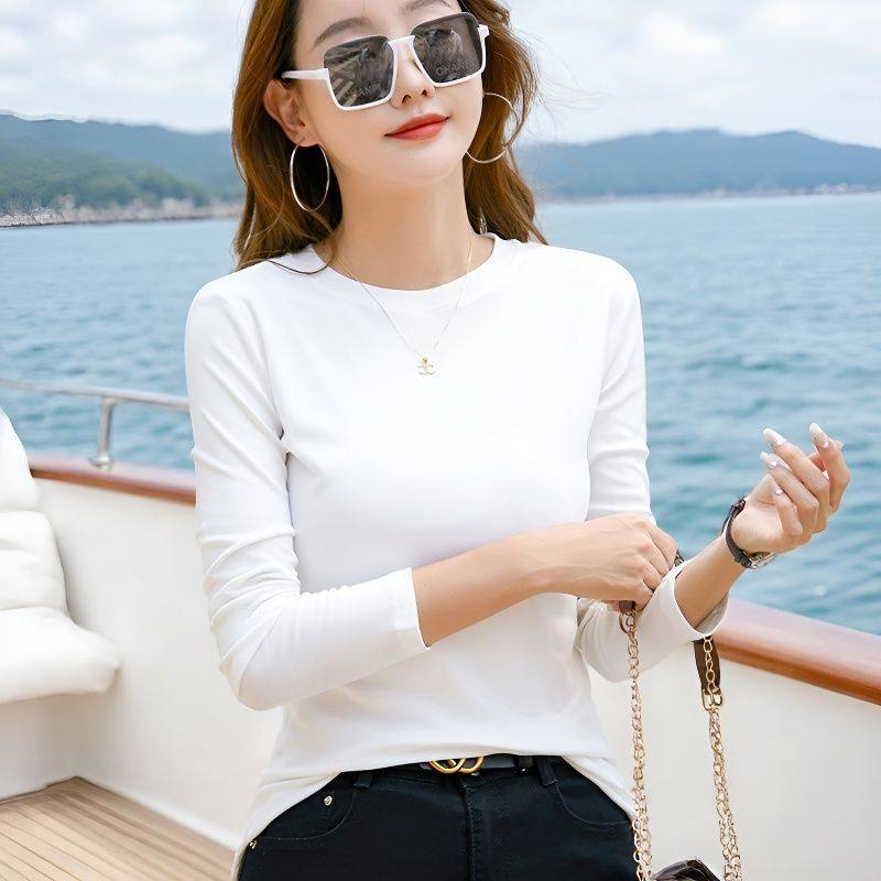 独特漂亮圆领长袖T恤女修身纯色内搭打底衫女可外穿洋气白色上衣,女装/女士精品,大码内搭,淘宝优惠券,粉丝福利购,淘宝优惠卷