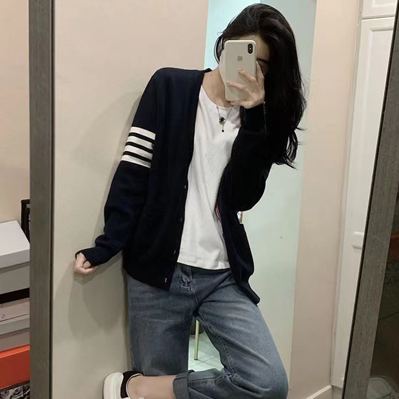 春秋新款tb撞色拼接条纹针织开衫