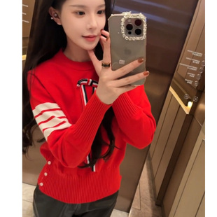 TB学院风红色蝴蝶结针织衫女长袖四道杠毛衣本命年上衣2026新款