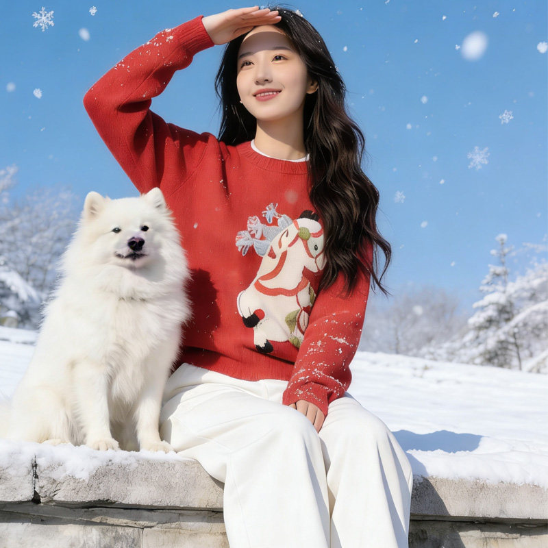 高圆圆同款红色小马提花毛衣女本命年新年超好看长袖针织衫2026,女装/女士精品,大码内搭,淘宝优惠券,粉丝福利购,淘宝优惠卷