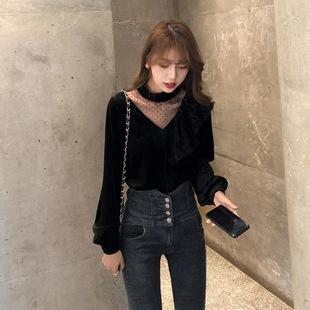 秋冬款 黑色长袖 挂脖洋气独特别致上衣冷淡系高级感洋气丝绒打底衫