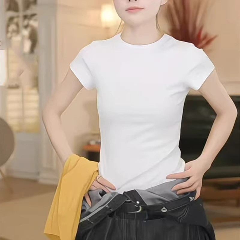 2026春夏新款简约白色短袖T恤女修身显瘦百搭打底衫显瘦内搭上衣,女装/女士精品,大码内搭,淘宝优惠券,粉丝福利购,淘宝优惠卷