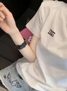 嘿嘿服饰欧货重磅刺绣白色纯棉短袖T恤女夏季宽松上衣2026春夏款