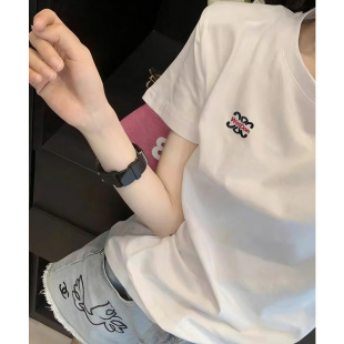 宽松上衣2026春夏款 嘿嘿服饰欧货重磅刺绣白色纯棉短袖 T恤女夏季