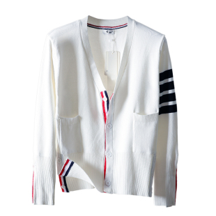 开衫 白色针织衫 女撞色四道杠条纹上衣短外套 新款 TB情侣春秋装