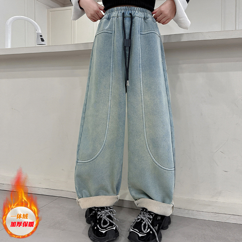 女童加绒裤子冬季2024新款女大童冬装加厚一体绒阔腿裤儿童休闲裤