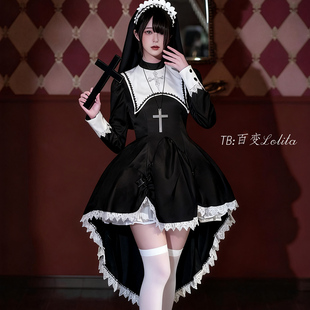 连衣裙女装 Lolita裙哥特风暗黑洛丽塔长袖 大佬修女cos服 新品 大码