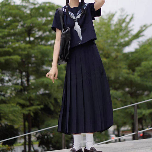 绀三本基础款优等生水手服校服正统正版中间服夏服不良少女中长裙