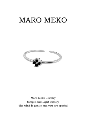 Maro Meko黑色四叶草银戒指女时尚小众气质简约花朵s925纯银指环