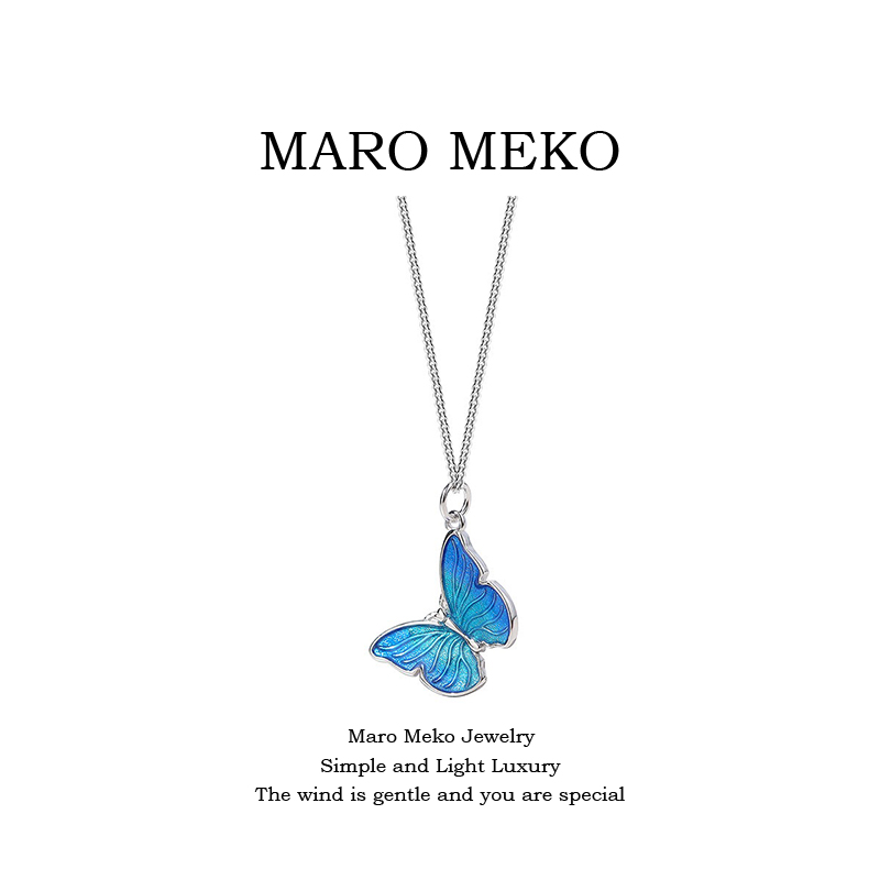 MaroMeko925银复古蓝色蝴蝶项链