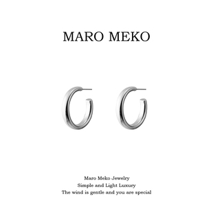 s925纯银光面C型素圈耳圈简约气质冷淡风银耳环方脸耳钉大气百搭
