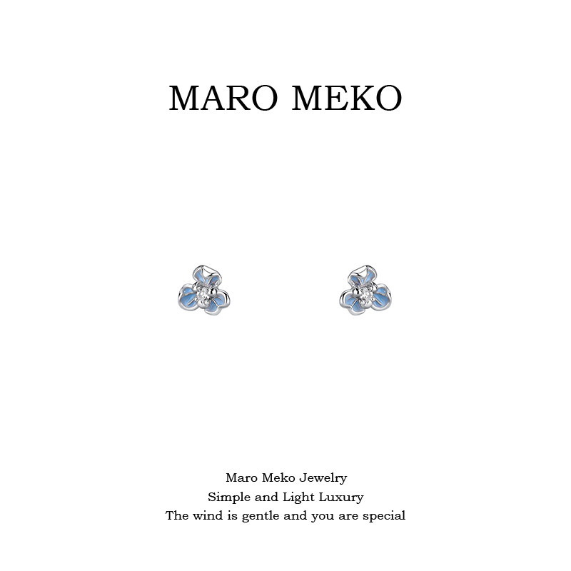 Maro Meko通体999足银蓝色小花耳钉纯银适合春天的耳环森系超仙女