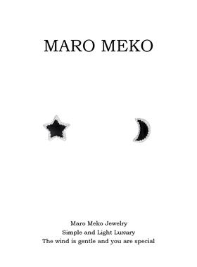 s999足银黑色星月不对称纯银耳钉小巧简约星星月亮银耳饰耳夹银饰