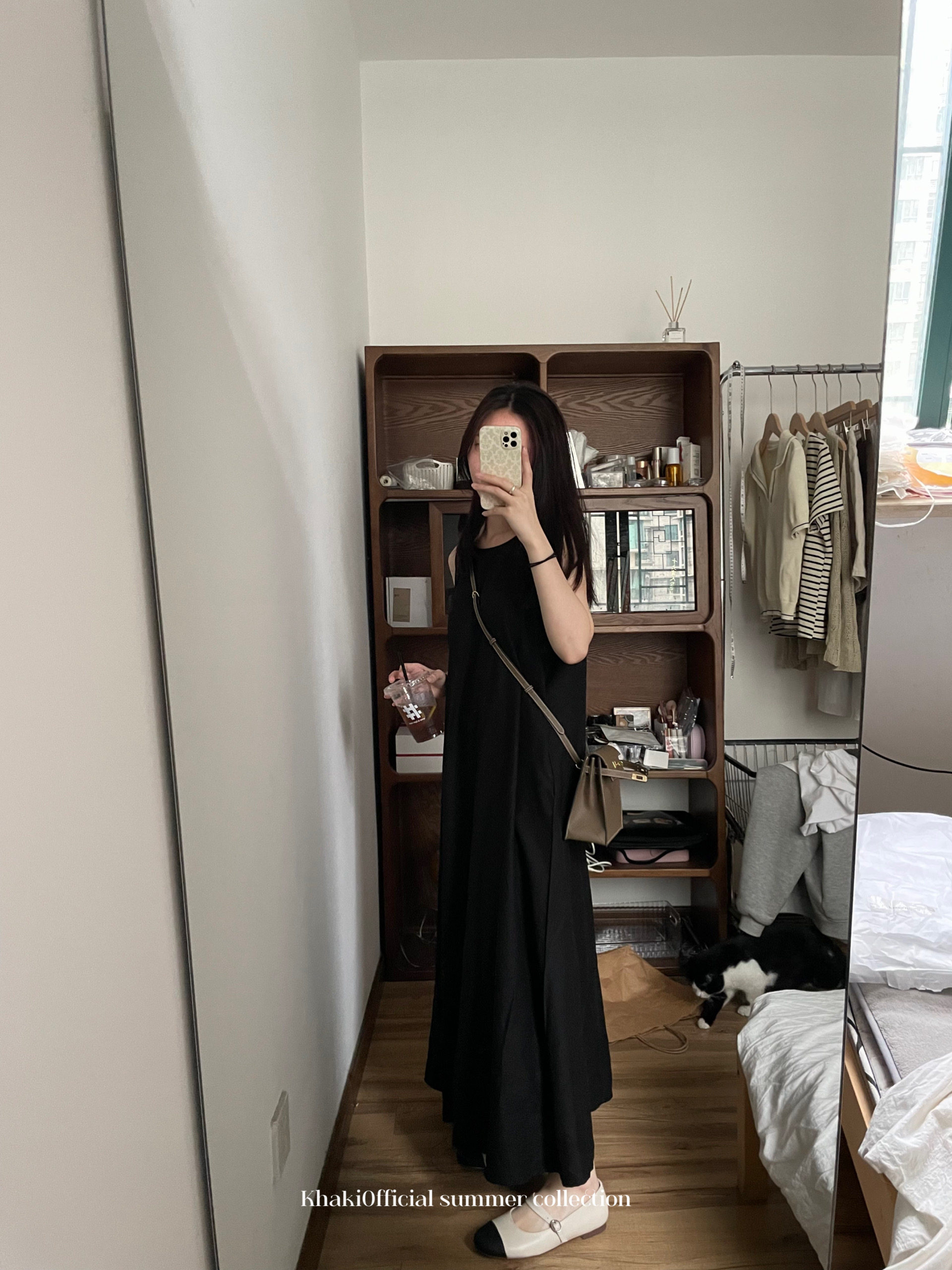 khakilamode简约风亚麻圆领显瘦黑色 无袖背心套头棉麻夏连衣裙女