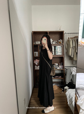 Risen Lab简约风亚麻圆领显瘦黑色 无袖背心套头棉麻夏季连衣裙女