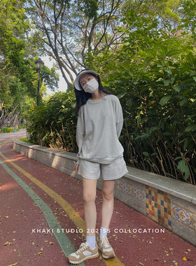 khakilamode休闲运动套装华夫格 长袖短裤两件套遛弯女2026春夏