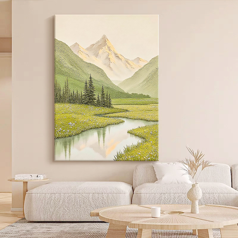 奶油风青山绿水松树手绘油画客厅风景装饰画饭厅风景入户玄关挂画