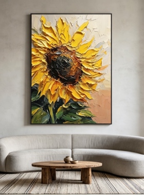 大芬村手绘向日葵油画中古风装饰画玄关原创艺术简约现代客厅背景
