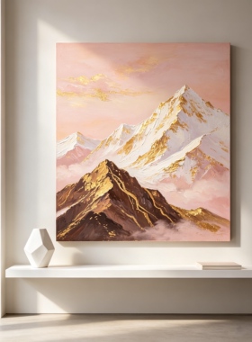原创大芬村手绘油画粉色山峰山水画中古风治愈系玄关装饰画艺术画