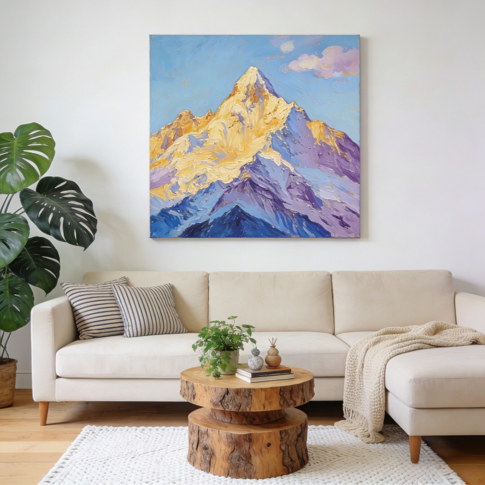 原创大芬村手绘油画雪山风景简约现代客厅装饰画侘寂中古风餐厅