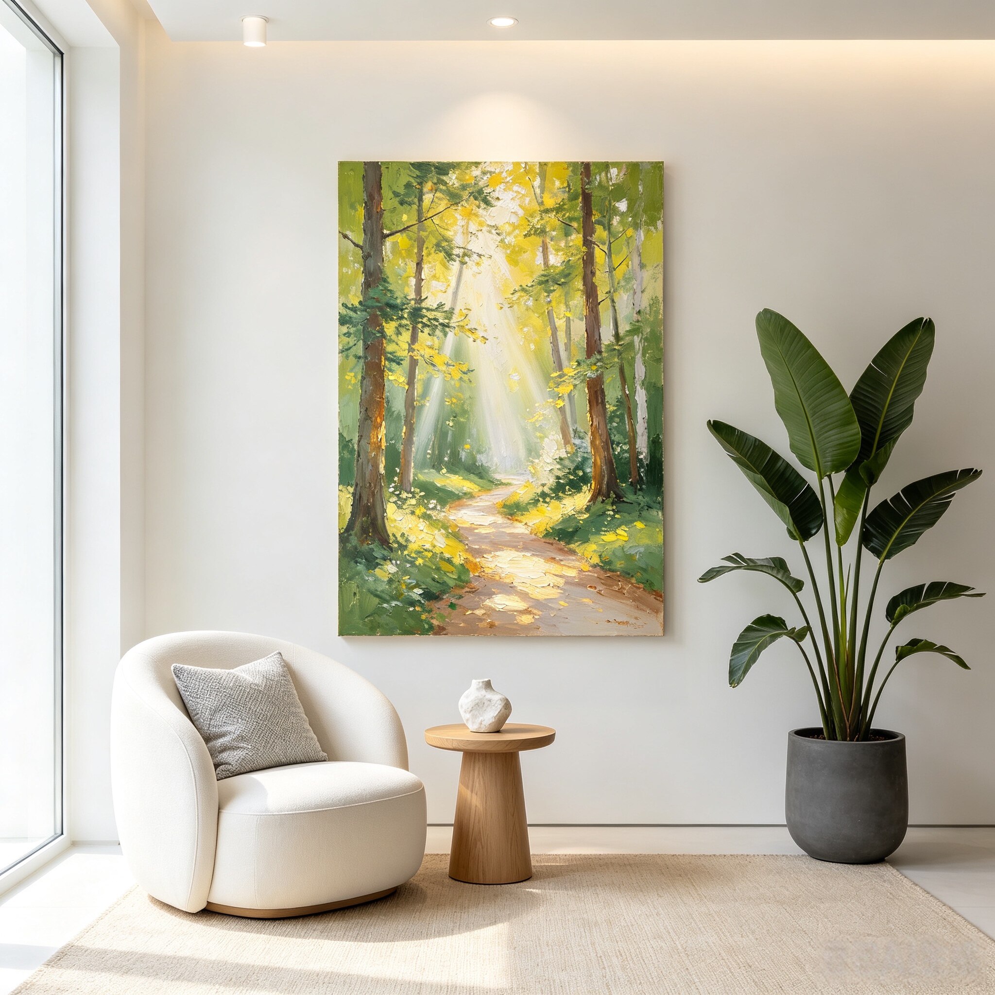 原创大芬村手绘油画简约现代客厅装饰画阳光树林小路风景挂画带框