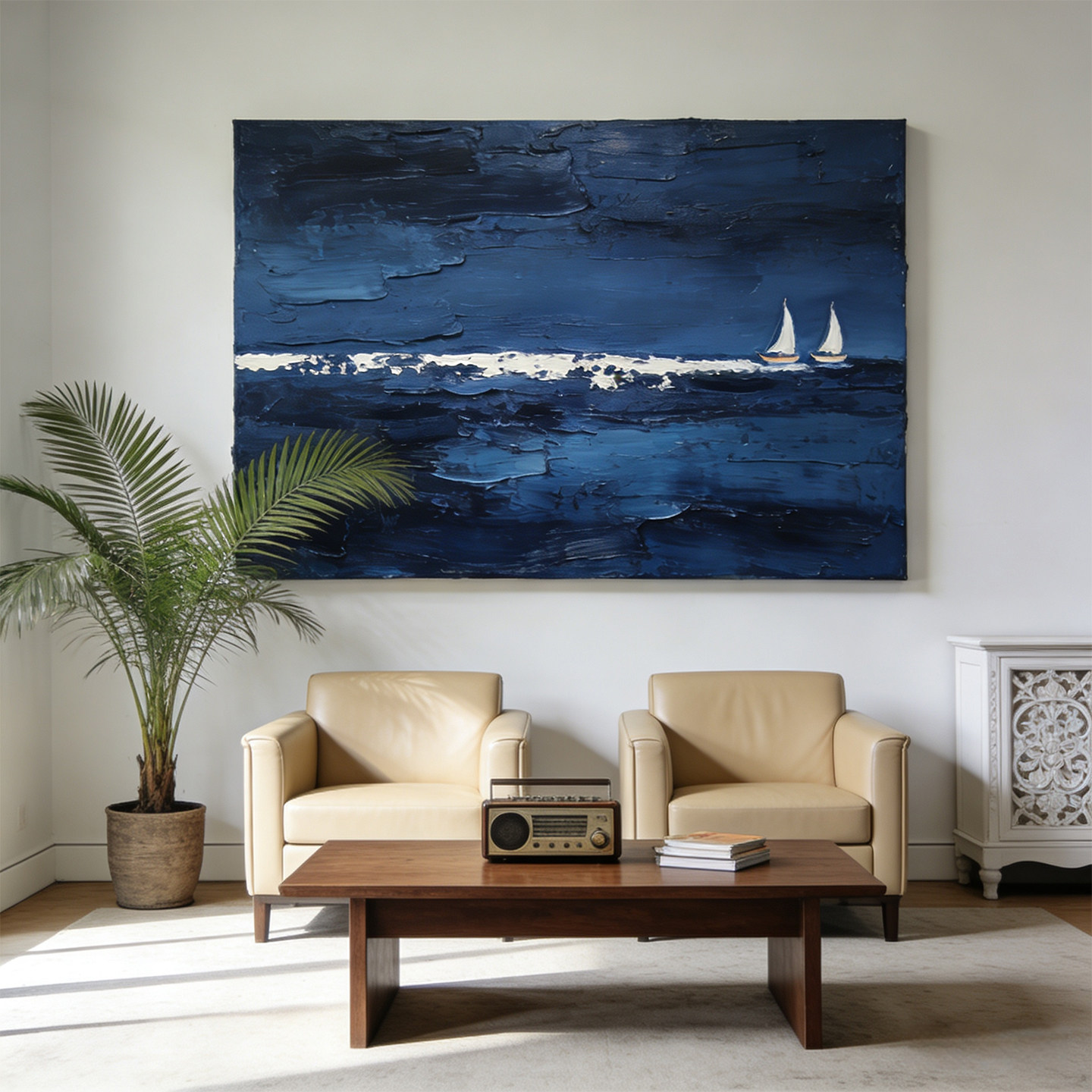 原创手绘油画大芬村简约现代客厅装饰画抽象海景帆船背景墙挂画