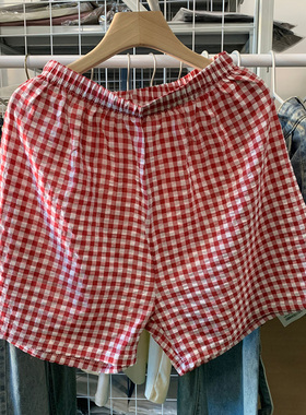 夏季懒人家居短裤女格子高腰显瘦阔腿裤裤子宽松简约通勤格子睡裤