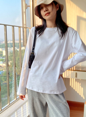 2022秋装白色圆领宽松长袖t恤女棉质韩版叠穿打底衫上衣大白体恤