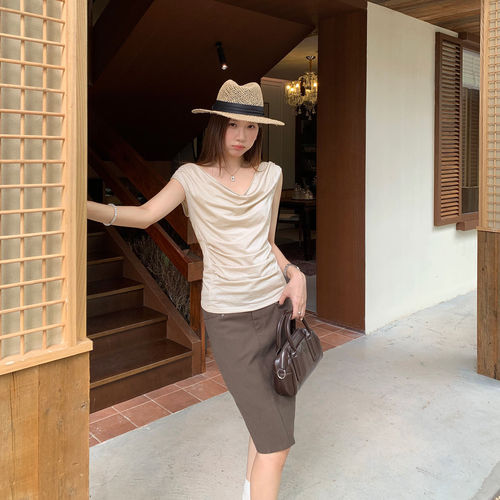 法式小资杏色修身荡领无袖背心女夏外穿2026新款高级感绝美小吊带