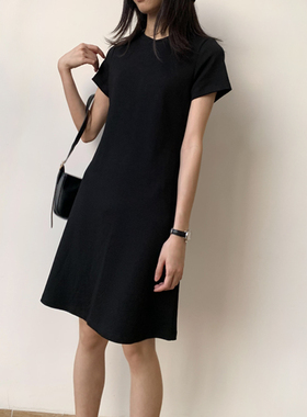 黑色棉质连衣裙新款收腰显瘦气质内搭打底裙子女夏短袖t恤裙灰色