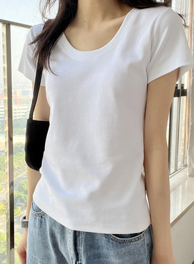 经典百搭大领口白色短袖T恤女装夏季U领棉质打底衫内搭外穿上衣女