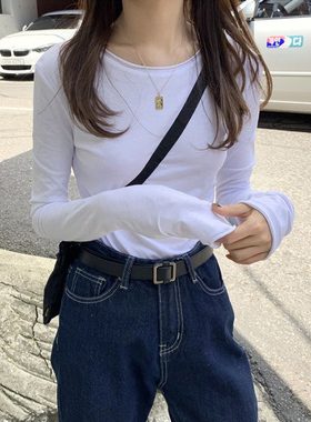 港风修身卷边上衣棉质打底衫2023早秋新款薄款内搭白色长袖T恤女