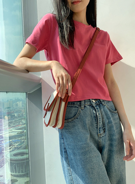 纯色短袖t恤夏季2021年新款女砖红色小众休闲百搭短款打底衫上衣